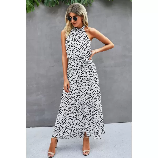 imagePRETTYGARDEN Womens Casual Halter Neck Sleeveless Floral Long Maxi Dress Backless Loose Ruffle Sundress with BeltZwhite