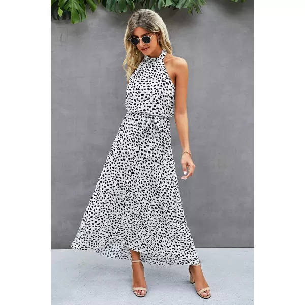 imagePRETTYGARDEN Womens Casual Halter Neck Sleeveless Floral Long Maxi Dress Backless Loose Ruffle Sundress with BeltZwhite