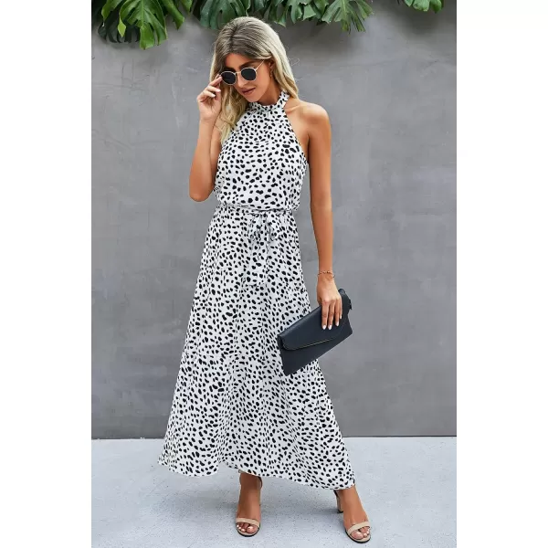 imagePRETTYGARDEN Womens Casual Halter Neck Sleeveless Floral Long Maxi Dress Backless Loose Ruffle Sundress with BeltZwhite