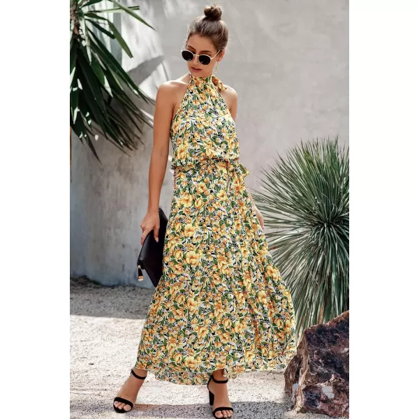 imagePRETTYGARDEN Womens Casual Halter Neck Sleeveless Floral Long Maxi Dress Backless Loose Ruffle Sundress with BeltZyellow