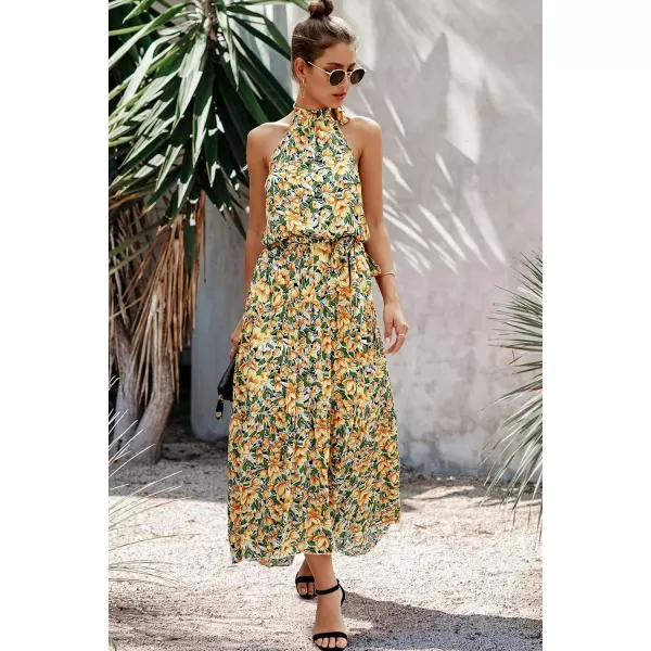imagePRETTYGARDEN Womens Casual Halter Neck Sleeveless Floral Long Maxi Dress Backless Loose Ruffle Sundress with BeltZyellow
