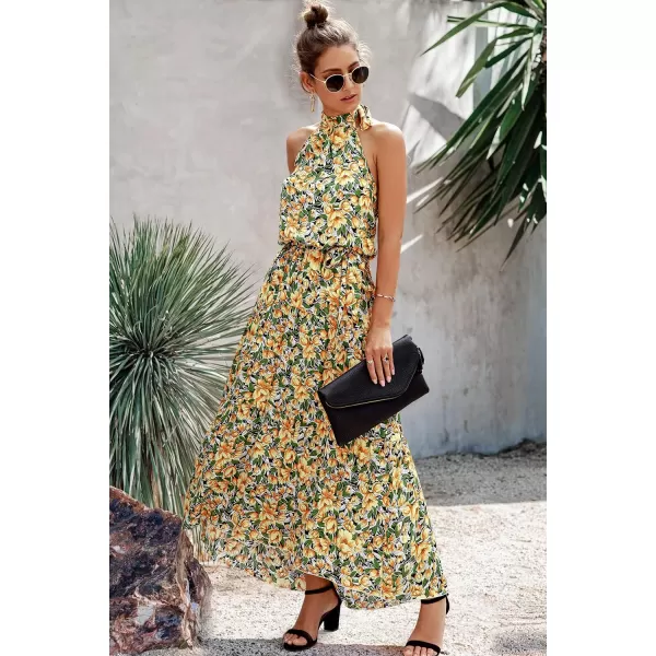 imagePRETTYGARDEN Womens Casual Halter Neck Sleeveless Floral Long Maxi Dress Backless Loose Ruffle Sundress with BeltZyellow