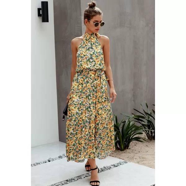 imagePRETTYGARDEN Womens Casual Halter Neck Sleeveless Floral Long Maxi Dress Backless Loose Ruffle Sundress with BeltZyellow