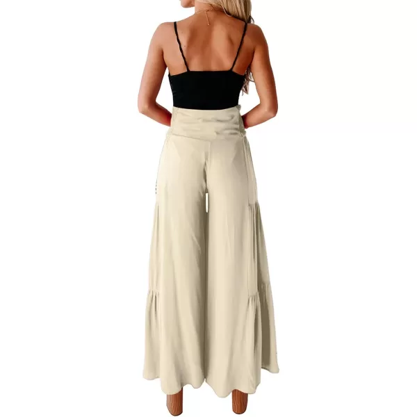 imagePRETTYGARDEN Womens Casual Long Palazzo Pants Elastic High Waist Wide Leg Loose Lounge TrousersApricot