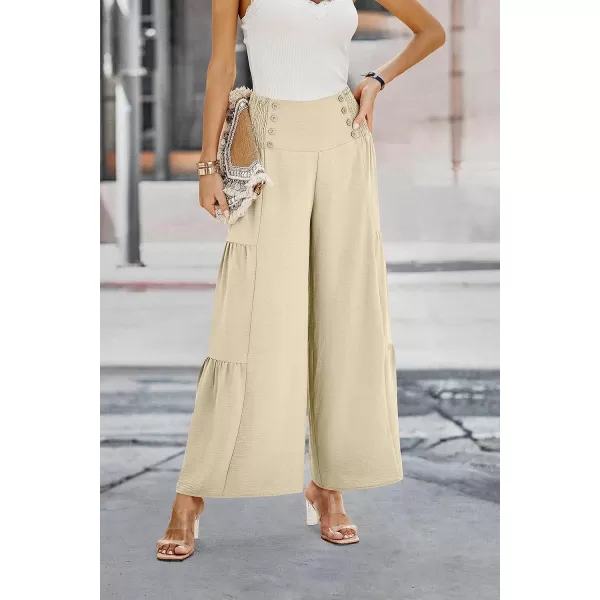 imagePRETTYGARDEN Womens Casual Long Palazzo Pants Elastic High Waist Wide Leg Loose Lounge TrousersApricot