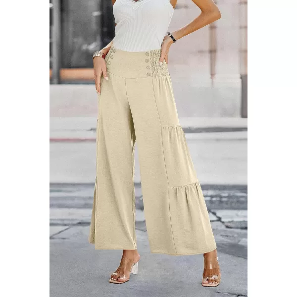 imagePRETTYGARDEN Womens Casual Long Palazzo Pants Elastic High Waist Wide Leg Loose Lounge TrousersApricot