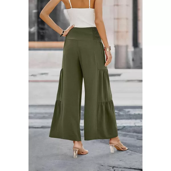imagePRETTYGARDEN Womens Casual Long Palazzo Pants Elastic High Waist Wide Leg Loose Lounge TrousersArmy Green