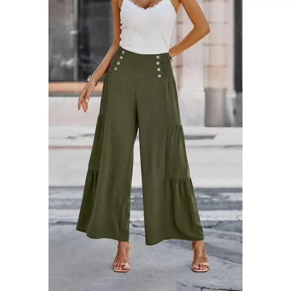 imagePRETTYGARDEN Womens Casual Long Palazzo Pants Elastic High Waist Wide Leg Loose Lounge TrousersArmy Green