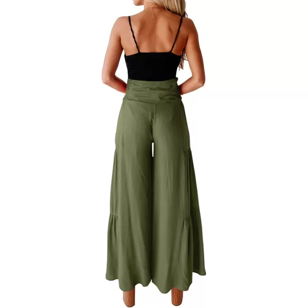 imagePRETTYGARDEN Womens Casual Long Palazzo Pants Elastic High Waist Wide Leg Loose Lounge TrousersArmy Green