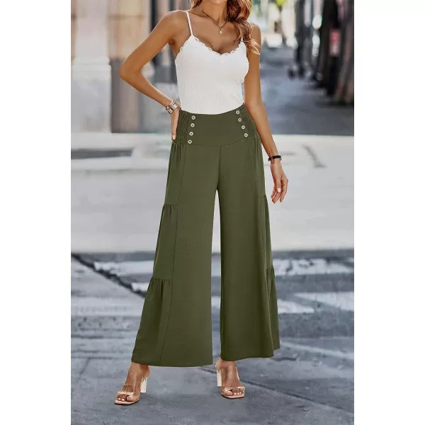 imagePRETTYGARDEN Womens Casual Long Palazzo Pants Elastic High Waist Wide Leg Loose Lounge TrousersArmy Green