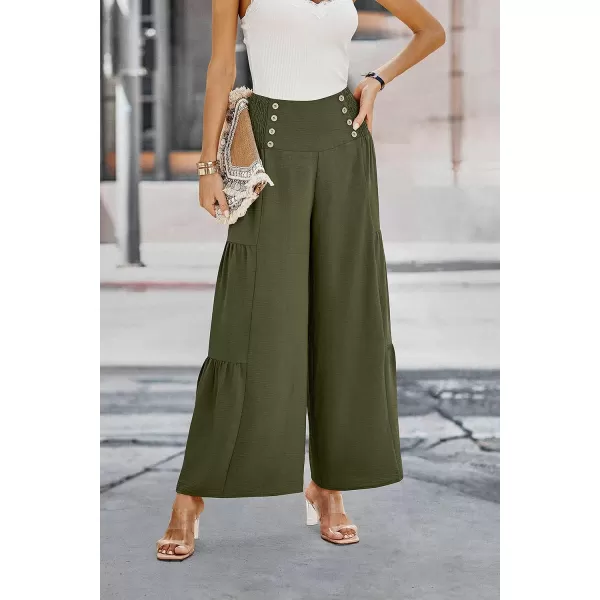imagePRETTYGARDEN Womens Casual Long Palazzo Pants Elastic High Waist Wide Leg Loose Lounge TrousersArmy Green