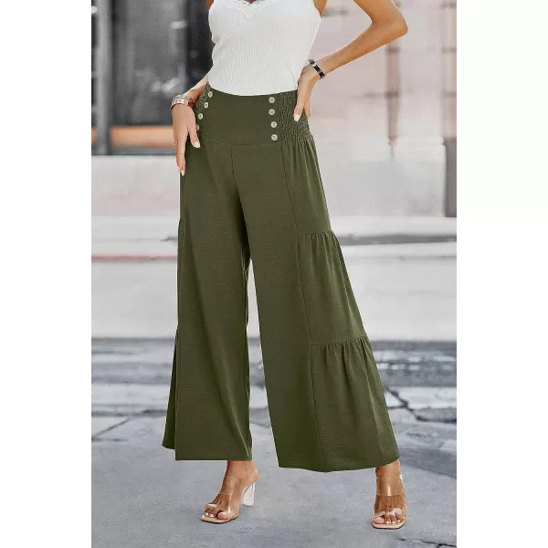 imagePRETTYGARDEN Womens Casual Long Palazzo Pants Elastic High Waist Wide Leg Loose Lounge TrousersArmy Green
