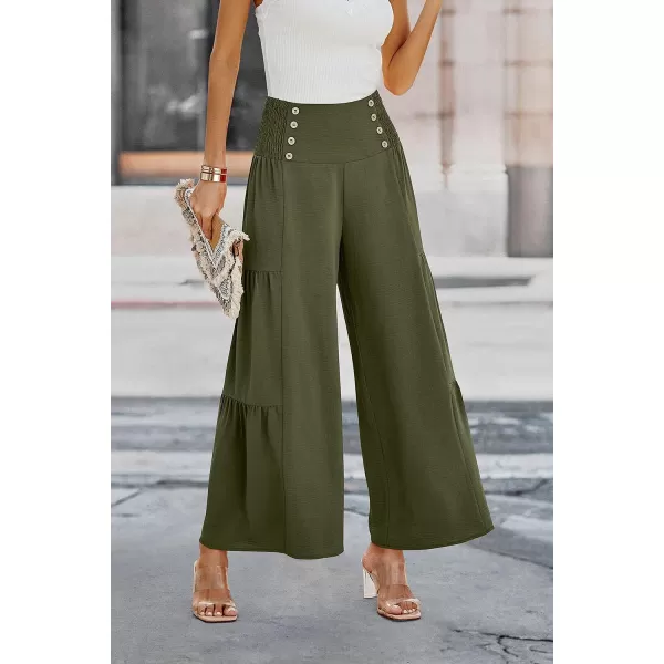 imagePRETTYGARDEN Womens Casual Long Palazzo Pants Elastic High Waist Wide Leg Loose Lounge TrousersArmy Green