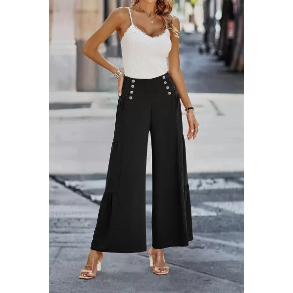 imagePRETTYGARDEN Womens Casual Long Palazzo Pants Elastic High Waist Wide Leg Loose Lounge TrousersBlack