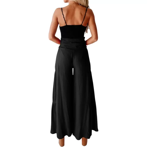 imagePRETTYGARDEN Womens Casual Long Palazzo Pants Elastic High Waist Wide Leg Loose Lounge TrousersBlack