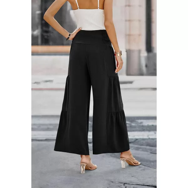 imagePRETTYGARDEN Womens Casual Long Palazzo Pants Elastic High Waist Wide Leg Loose Lounge TrousersBlack