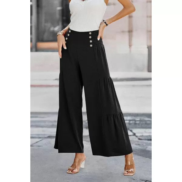 imagePRETTYGARDEN Womens Casual Long Palazzo Pants Elastic High Waist Wide Leg Loose Lounge TrousersBlack
