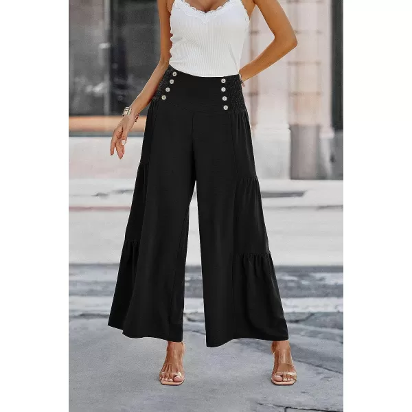 imagePRETTYGARDEN Womens Casual Long Palazzo Pants Elastic High Waist Wide Leg Loose Lounge TrousersBlack