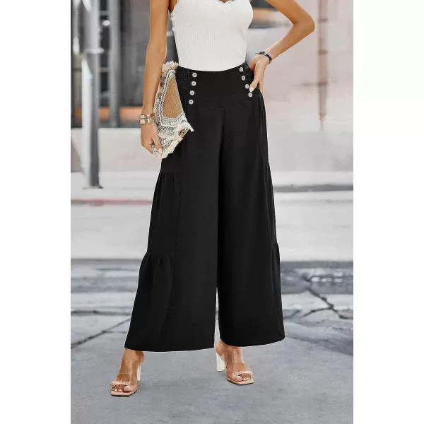 imagePRETTYGARDEN Womens Casual Long Palazzo Pants Elastic High Waist Wide Leg Loose Lounge TrousersBlack