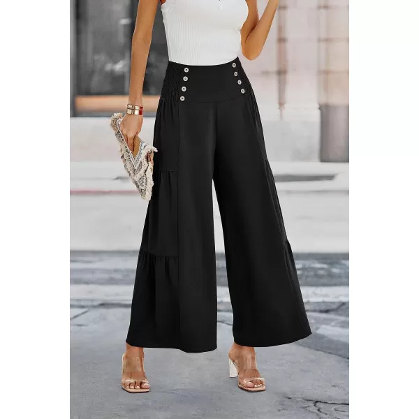 imagePRETTYGARDEN Womens Casual Long Palazzo Pants Elastic High Waist Wide Leg Loose Lounge TrousersBlack