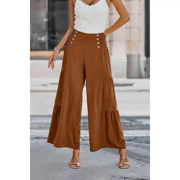 imagePRETTYGARDEN Womens Casual Long Palazzo Pants Elastic High Waist Wide Leg Loose Lounge TrousersCamel