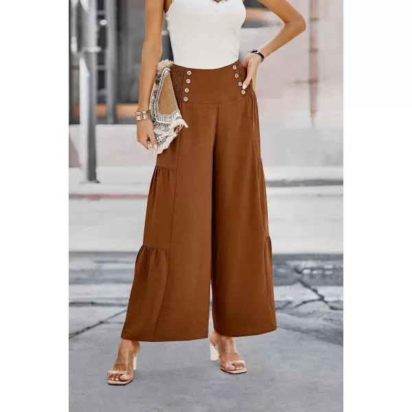 imagePRETTYGARDEN Womens Casual Long Palazzo Pants Elastic High Waist Wide Leg Loose Lounge TrousersCamel