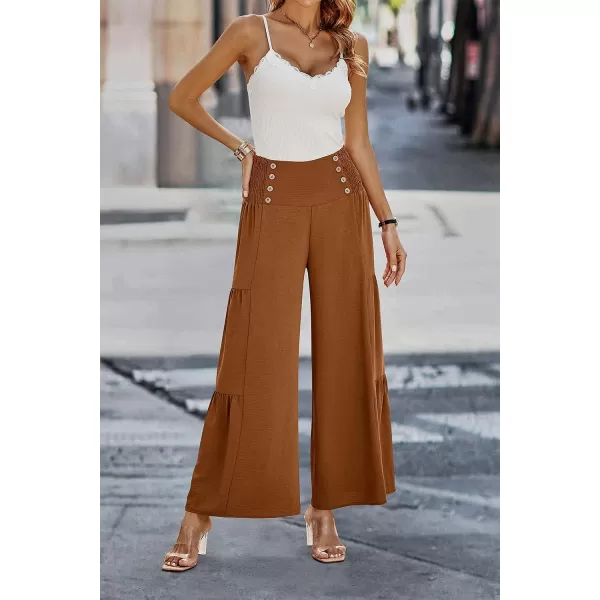 imagePRETTYGARDEN Womens Casual Long Palazzo Pants Elastic High Waist Wide Leg Loose Lounge TrousersCamel