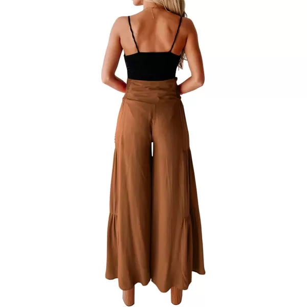 imagePRETTYGARDEN Womens Casual Long Palazzo Pants Elastic High Waist Wide Leg Loose Lounge TrousersCamel