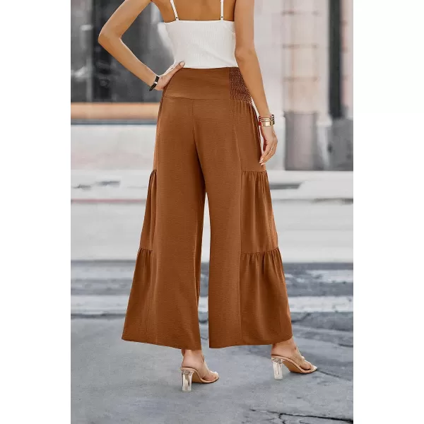 imagePRETTYGARDEN Womens Casual Long Palazzo Pants Elastic High Waist Wide Leg Loose Lounge TrousersCamel