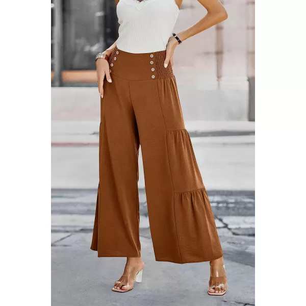 imagePRETTYGARDEN Womens Casual Long Palazzo Pants Elastic High Waist Wide Leg Loose Lounge TrousersCamel