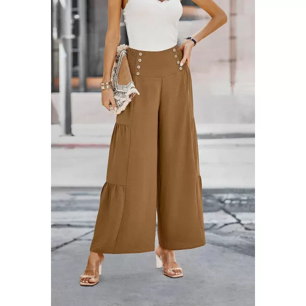 imagePRETTYGARDEN Womens Casual Long Palazzo Pants Elastic High Waist Wide Leg Loose Lounge TrousersLight Brown