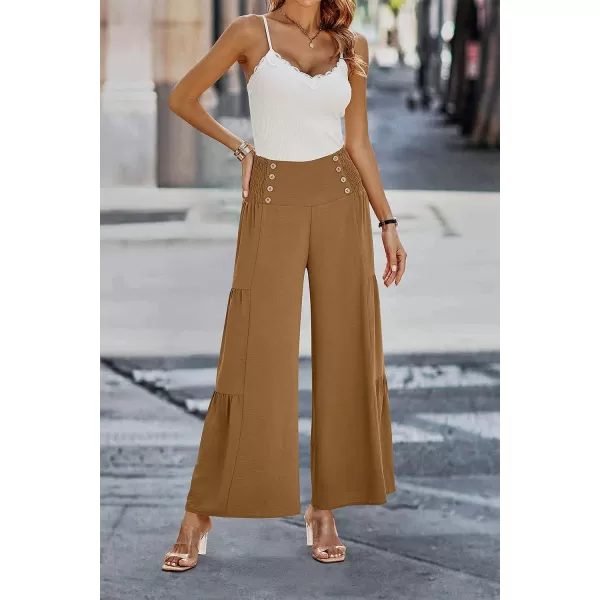 imagePRETTYGARDEN Womens Casual Long Palazzo Pants Elastic High Waist Wide Leg Loose Lounge TrousersLight Brown