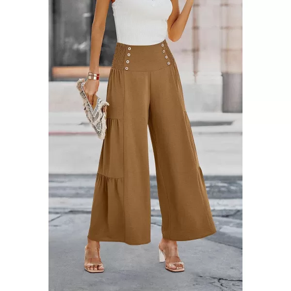 imagePRETTYGARDEN Womens Casual Long Palazzo Pants Elastic High Waist Wide Leg Loose Lounge TrousersLight Brown