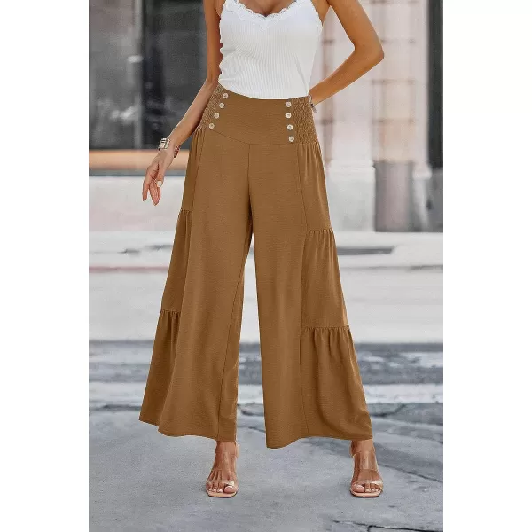 imagePRETTYGARDEN Womens Casual Long Palazzo Pants Elastic High Waist Wide Leg Loose Lounge TrousersLight Brown