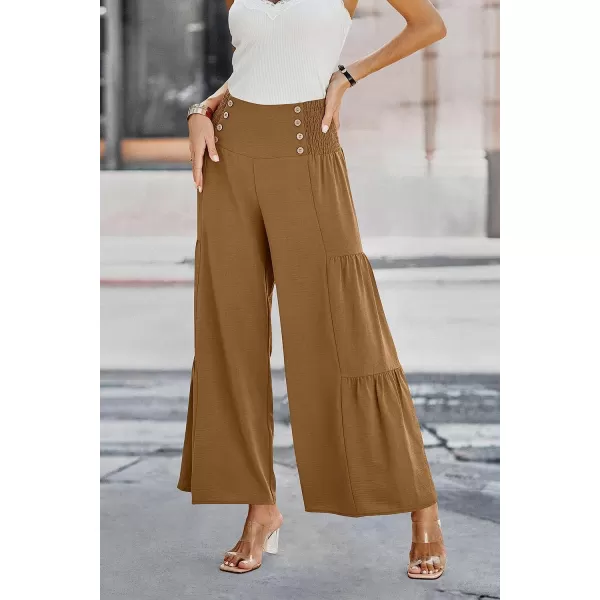imagePRETTYGARDEN Womens Casual Long Palazzo Pants Elastic High Waist Wide Leg Loose Lounge TrousersLight Brown