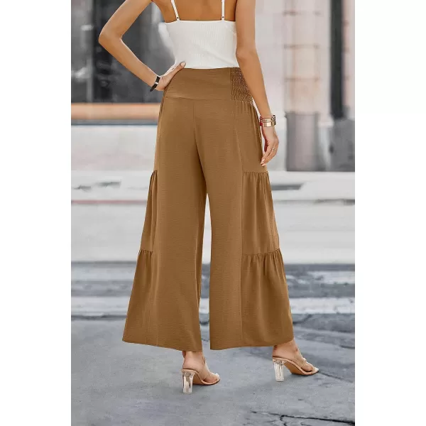 imagePRETTYGARDEN Womens Casual Long Palazzo Pants Elastic High Waist Wide Leg Loose Lounge TrousersLight Brown