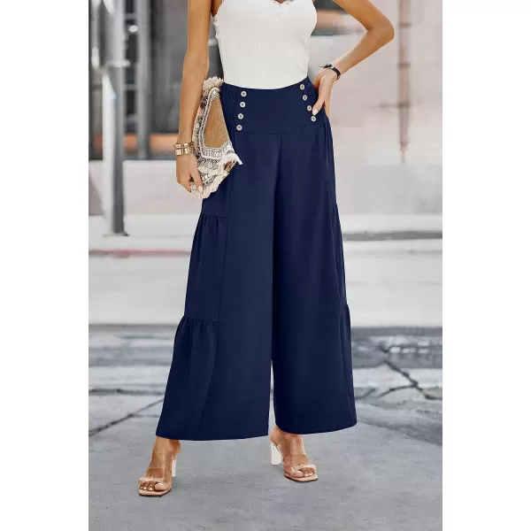 imagePRETTYGARDEN Womens Casual Long Palazzo Pants Elastic High Waist Wide Leg Loose Lounge TrousersNavy