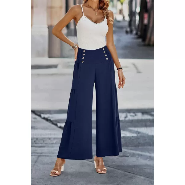 imagePRETTYGARDEN Womens Casual Long Palazzo Pants Elastic High Waist Wide Leg Loose Lounge TrousersNavy