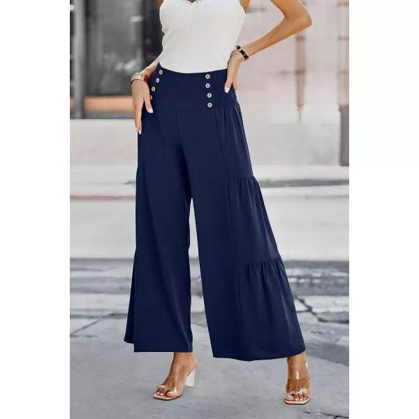 imagePRETTYGARDEN Womens Casual Long Palazzo Pants Elastic High Waist Wide Leg Loose Lounge TrousersNavy