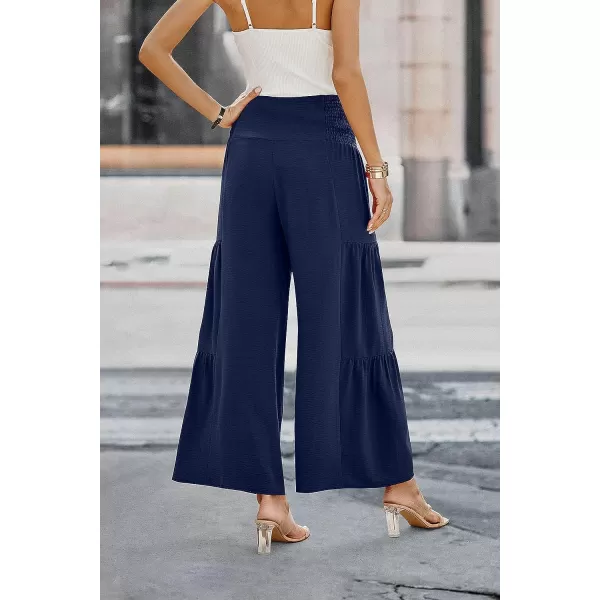 imagePRETTYGARDEN Womens Casual Long Palazzo Pants Elastic High Waist Wide Leg Loose Lounge TrousersNavy