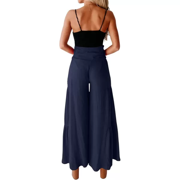 imagePRETTYGARDEN Womens Casual Long Palazzo Pants Elastic High Waist Wide Leg Loose Lounge TrousersNavy