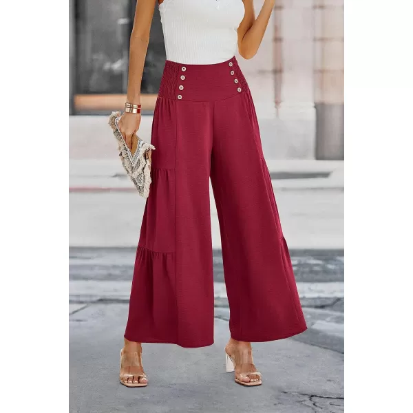 imagePRETTYGARDEN Womens Casual Long Palazzo Pants Elastic High Waist Wide Leg Loose Lounge TrousersWine Red