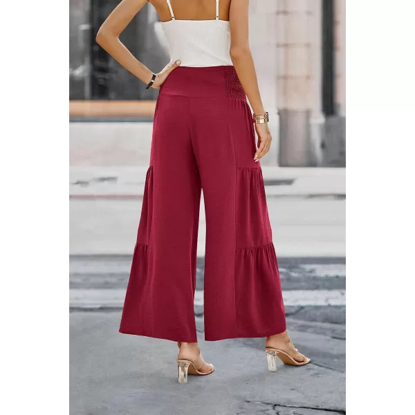 imagePRETTYGARDEN Womens Casual Long Palazzo Pants Elastic High Waist Wide Leg Loose Lounge TrousersWine Red