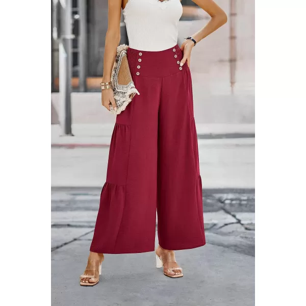 imagePRETTYGARDEN Womens Casual Long Palazzo Pants Elastic High Waist Wide Leg Loose Lounge TrousersWine Red