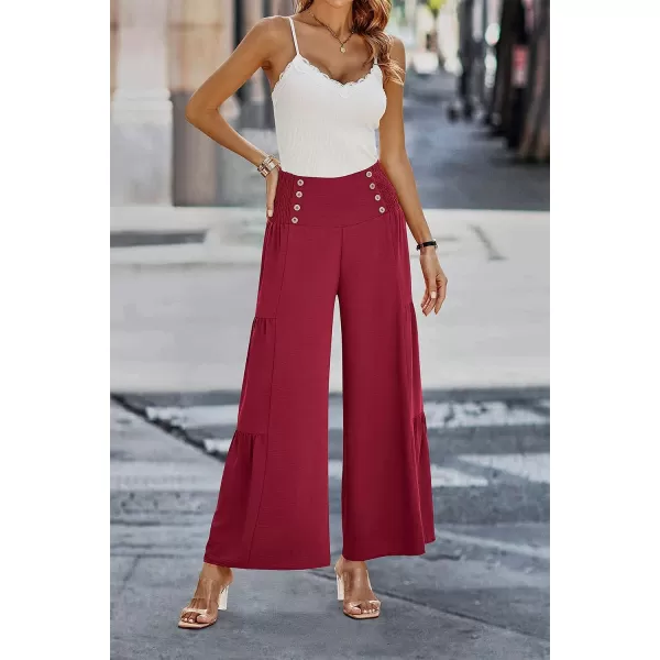 imagePRETTYGARDEN Womens Casual Long Palazzo Pants Elastic High Waist Wide Leg Loose Lounge TrousersWine Red