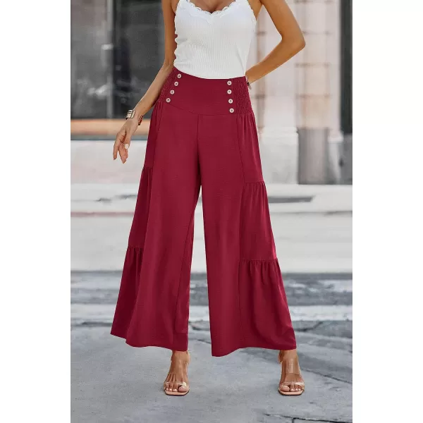 imagePRETTYGARDEN Womens Casual Long Palazzo Pants Elastic High Waist Wide Leg Loose Lounge TrousersWine Red