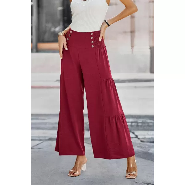 imagePRETTYGARDEN Womens Casual Long Palazzo Pants Elastic High Waist Wide Leg Loose Lounge TrousersWine Red