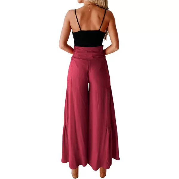 imagePRETTYGARDEN Womens Casual Long Palazzo Pants Elastic High Waist Wide Leg Loose Lounge TrousersWine Red