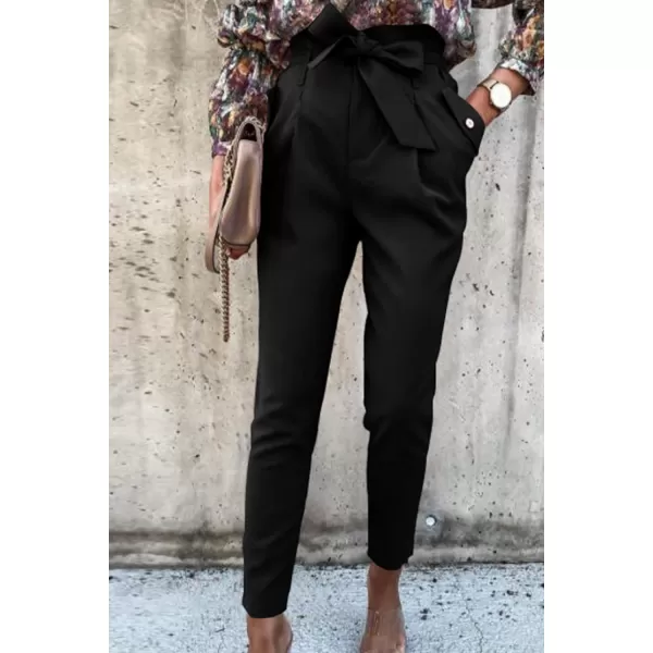imagePRETTYGARDEN Womens Casual Long Pants High Waist Belted Paper Bag Work Pant Trousers with PocketsBlack