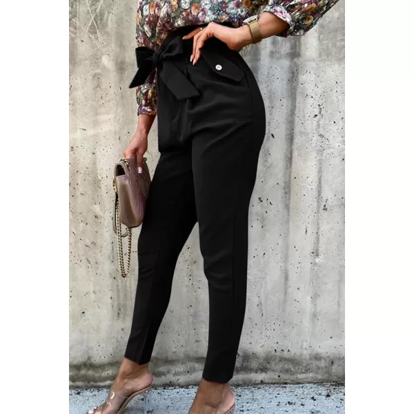 imagePRETTYGARDEN Womens Casual Long Pants High Waist Belted Paper Bag Work Pant Trousers with PocketsBlack